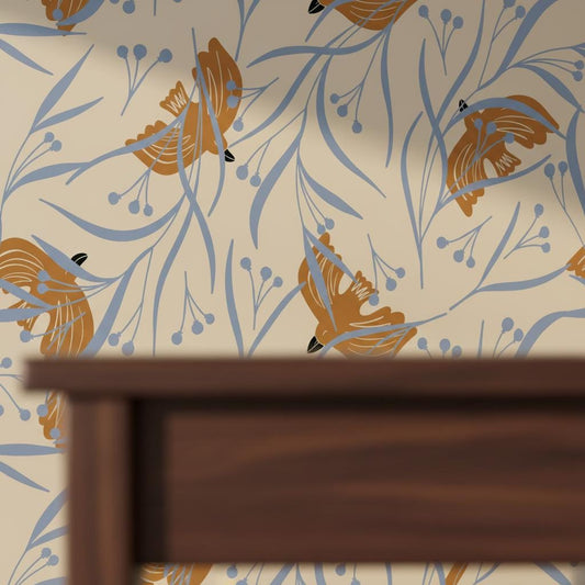Art Deco bird wallpaper peel and stick | golden botanical sandy beige | bedroom living room | removable wall mural