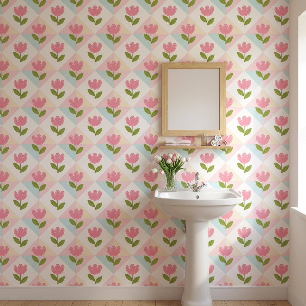 Pink tulip wallpaper peel and stick | pastel floral kids room | nursery bedroom decor | removable wall mural
