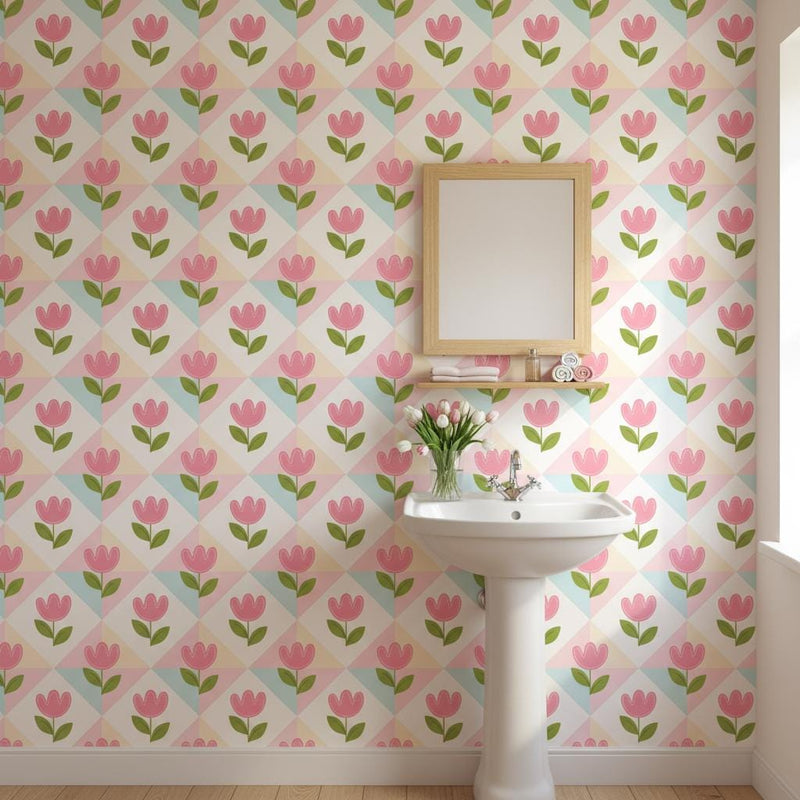Pink tulip wallpaper peel and stick | pastel floral kids room | nursery bedroom decor | removable wall mural