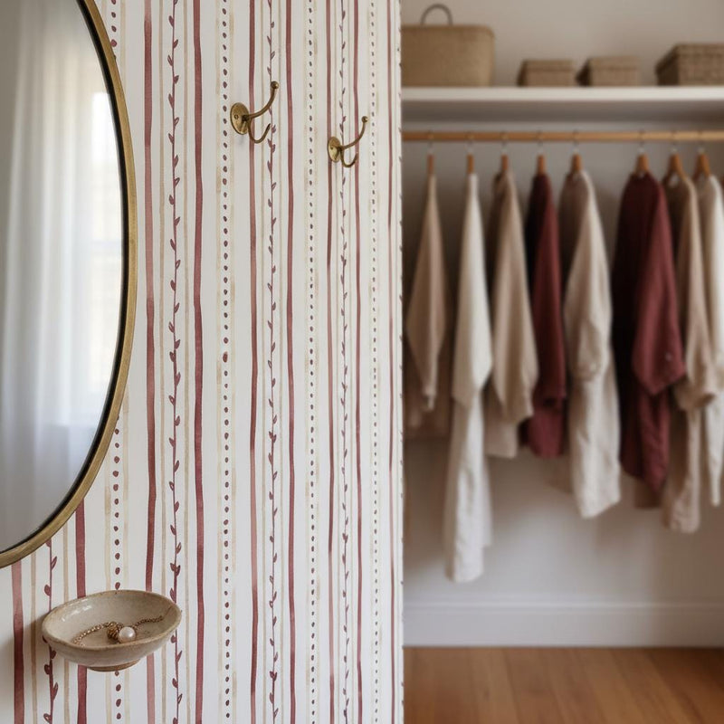 Watercolor Stripe Botanical Wallpaper | Burgundy Cream | Peel and Stick or Traditional