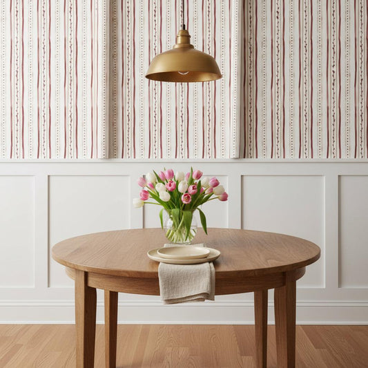 Watercolor Stripe Botanical Wallpaper | Burgundy Cream | Peel and Stick or Traditional