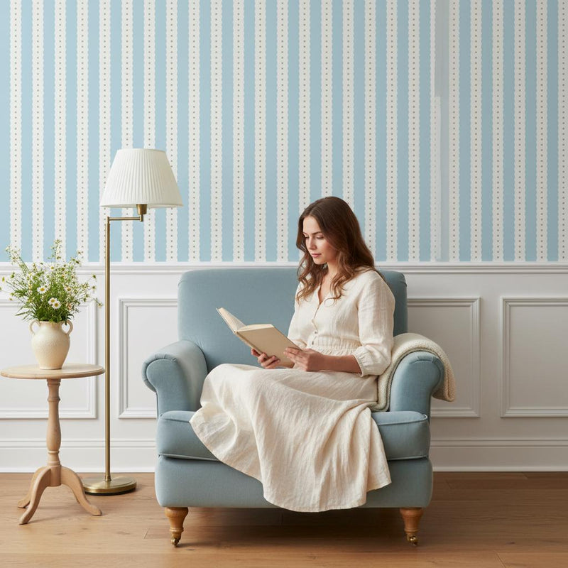 Sky Blue Scallop Stripe Wallpaper | Gold Dots | Nursery & Bedroom