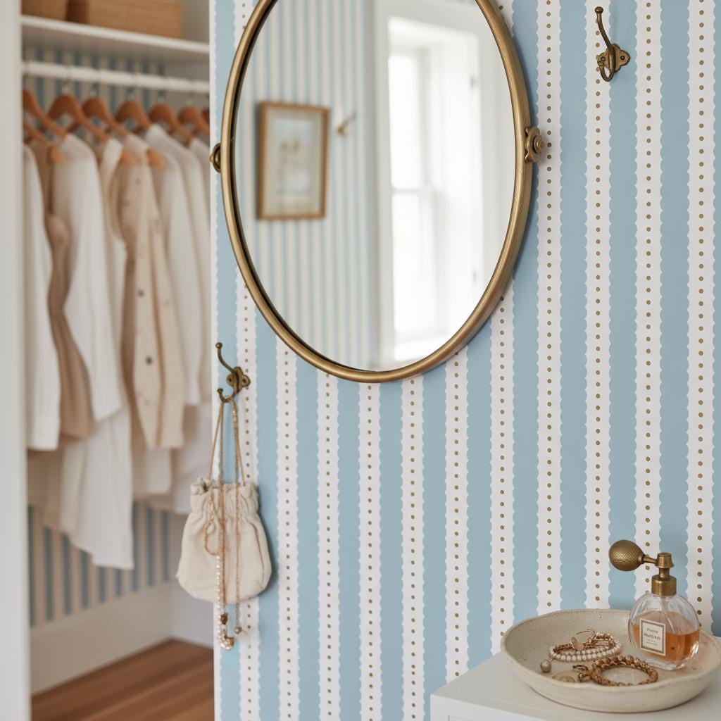 Sky Blue Scallop Stripe Wallpaper | Gold Dots | Nursery & Bedroom