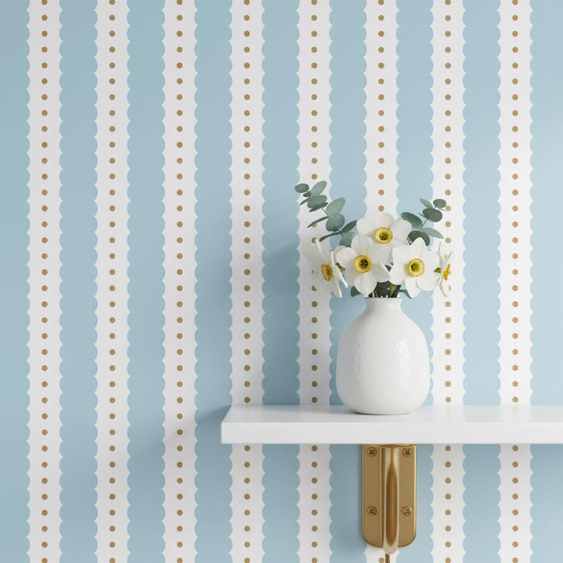 Sky Blue Scallop Stripe Wallpaper | Gold Dots | Nursery & Bedroom