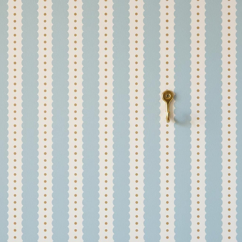 Sky Blue Scallop Stripe Wallpaper | Gold Dots | Nursery & Bedroom