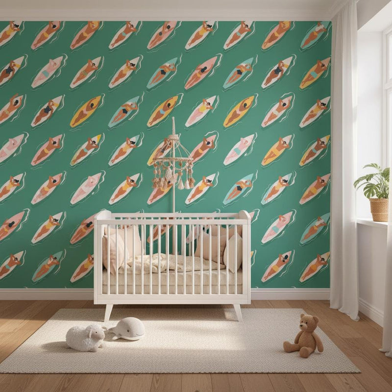 Surfer girls wallpaper | coastal emerald green | kids bedroom living room | peel and stick removable wallpaper