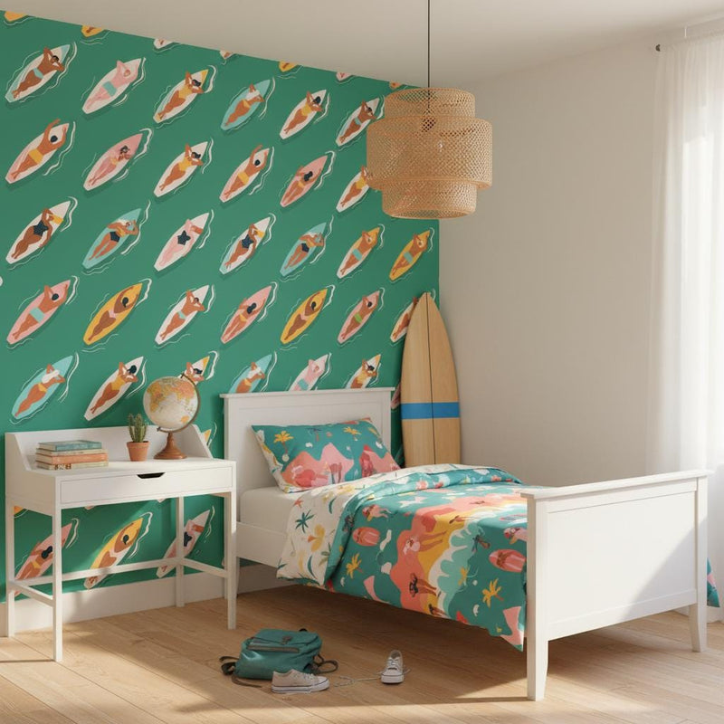 Surfer girls wallpaper | coastal emerald green | kids bedroom living room | peel and stick removable wallpaper