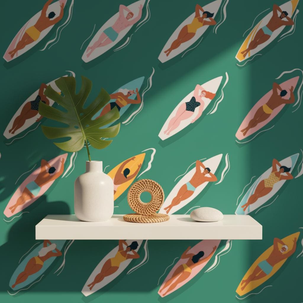 Surfer girls wallpaper | coastal emerald green | kids bedroom living room | peel and stick removable wallpaper