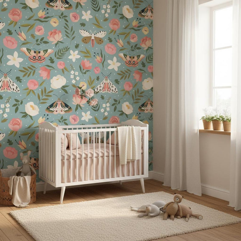 Floral butterfly wallpaper | dusty blue botanical moths | nursery bedroom living room | peel and stick removable wallpaper