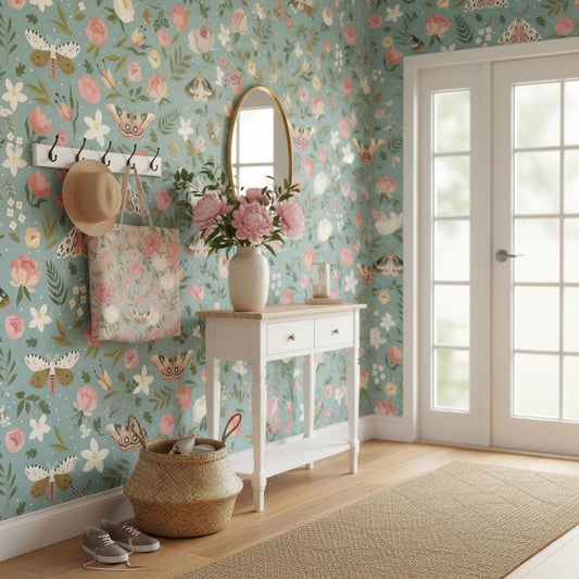 Floral butterfly wallpaper | dusty blue botanical moths | nursery bedroom living room | peel and stick removable wallpaper