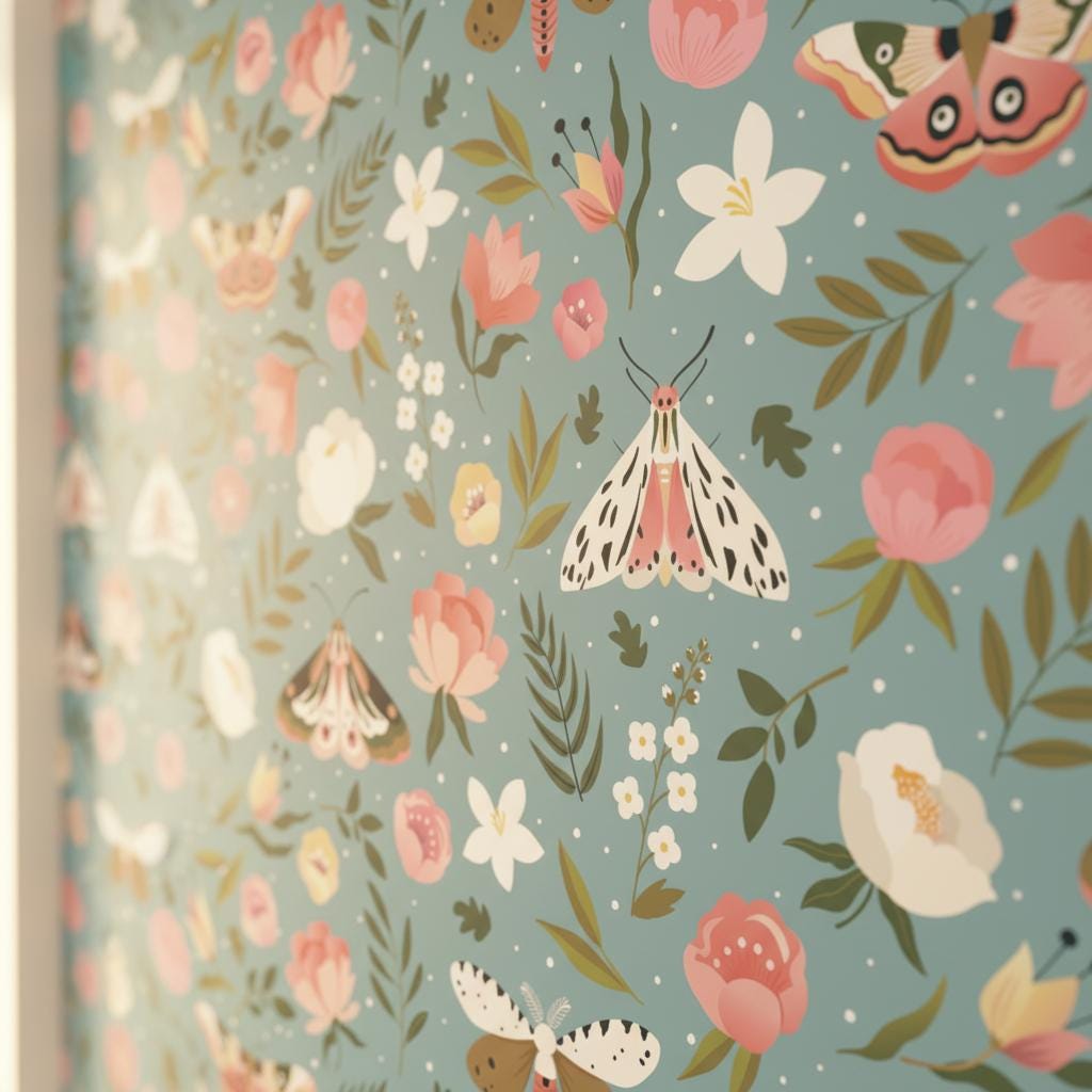Floral butterfly wallpaper | dusty blue botanical moths | nursery bedroom living room | peel and stick removable wallpaper