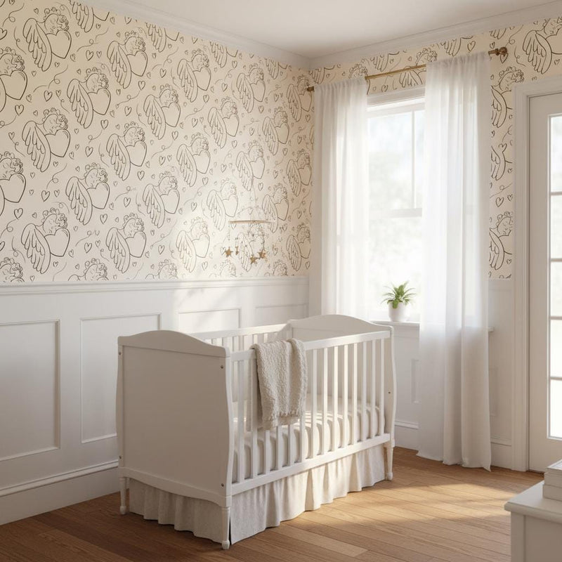 Cherub angel wallpaper peel and stick  cream line art wallpaper