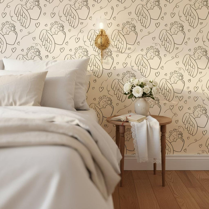 Cherub angel wallpaper peel and stick  cream line art wallpaper