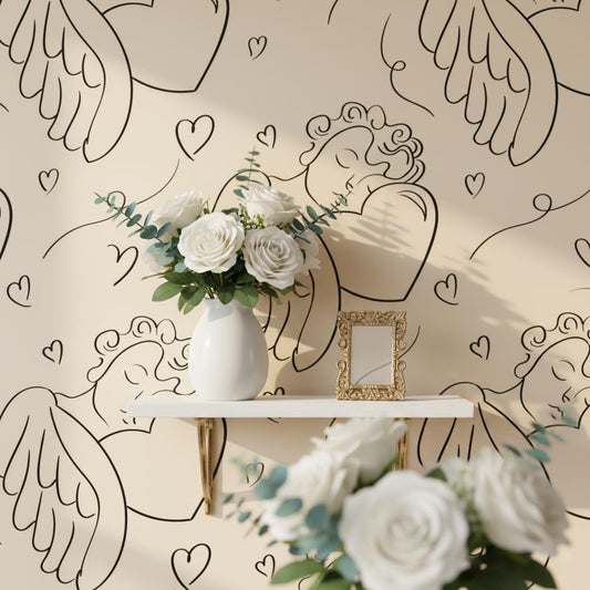 Cherub angel wallpaper peel and stick  cream line art wallpaper
