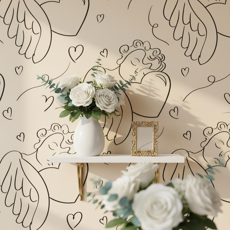 Cherub angel wallpaper peel and stick  cream line art wallpaper