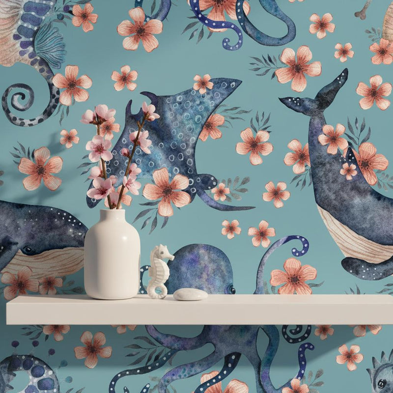 Wallpaper Ocean animals peel and stick removable wallpaper or non woven