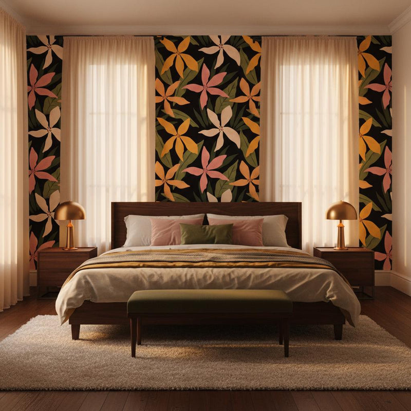 Dark floral wallpaper | black tropical botanical flowers | bedroom living room | peel and stick removable wallpaper