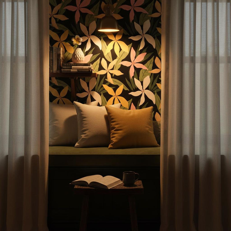 Dark floral wallpaper | black tropical botanical flowers | bedroom living room | peel and stick removable wallpaper
