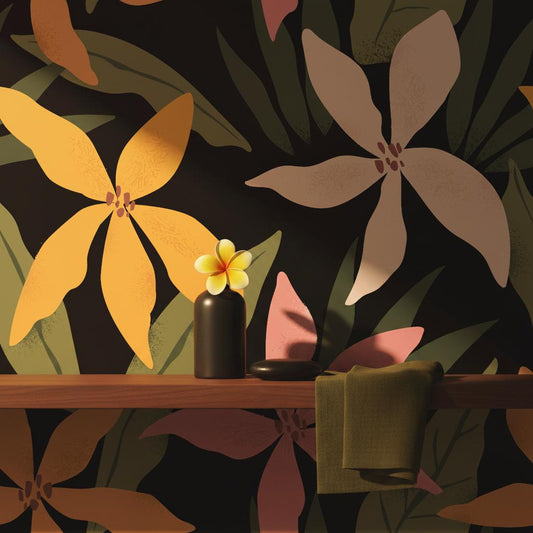 Dark floral wallpaper | black tropical botanical flowers | bedroom living room | peel and stick removable wallpaper