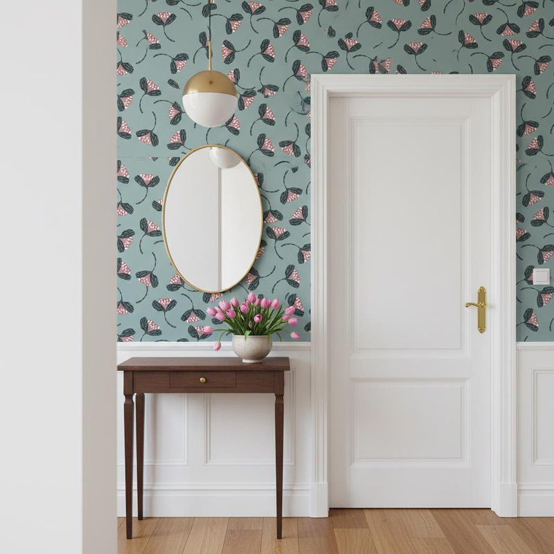 Teal floral wallpaper peel and stick | botanical | Scandi folk art