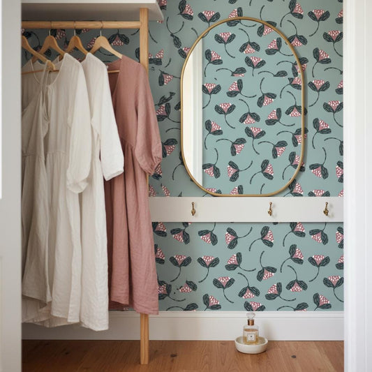 Teal floral wallpaper peel and stick | botanical | Scandi folk art