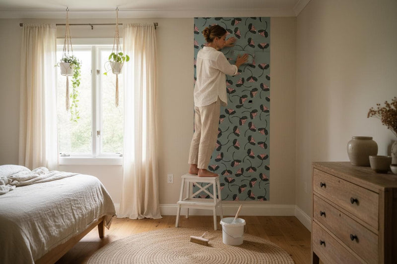 Teal floral wallpaper peel and stick | botanical | Scandi folk art