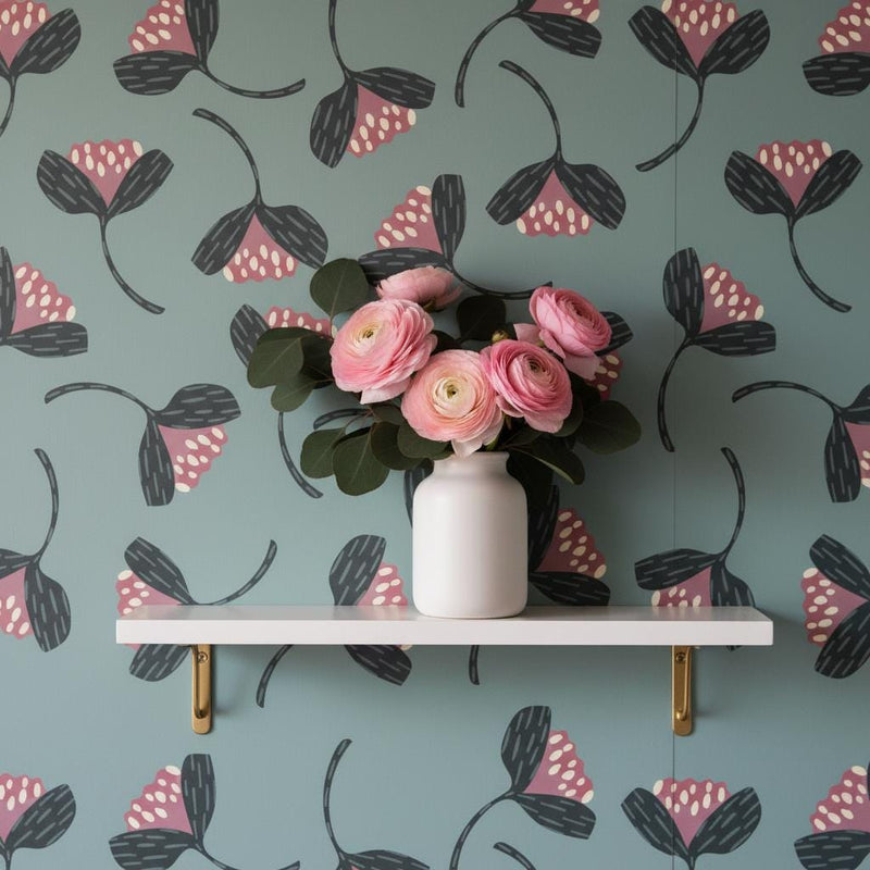 Teal floral wallpaper peel and stick | botanical | Scandi folk art