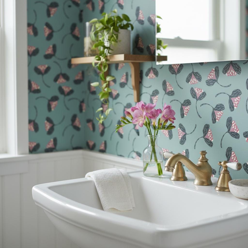 Teal floral wallpaper peel and stick | botanical | Scandi folk art