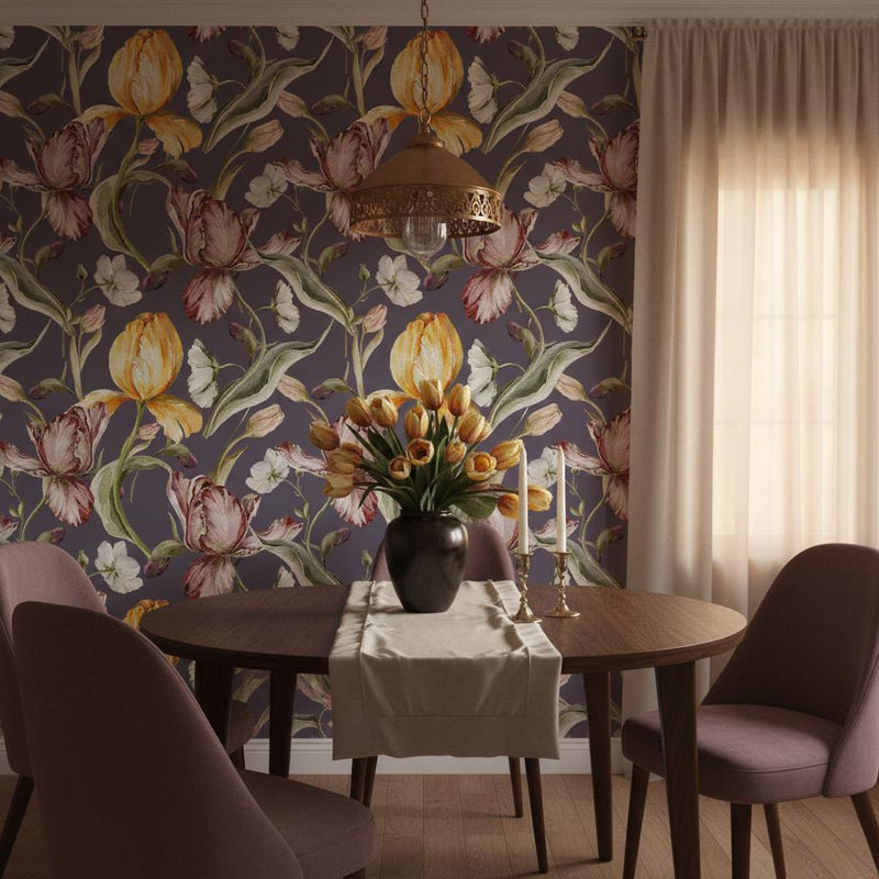 Tulip wallpaper purple | Dutch Masters parrot tulips floral | bedroom dining room | peel and stick removable wallpaper