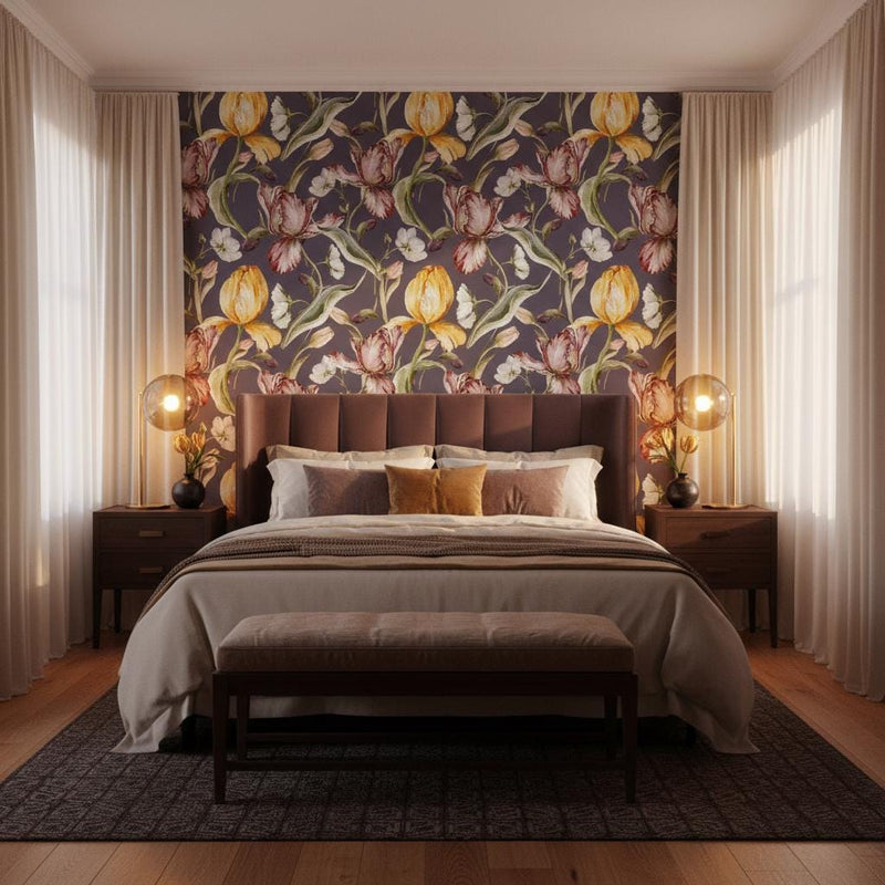 Tulip wallpaper purple | Dutch Masters parrot tulips floral | bedroom dining room | peel and stick removable wallpaper