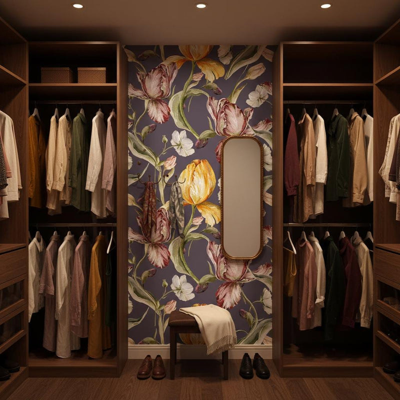 Tulip wallpaper purple | Dutch Masters parrot tulips floral | bedroom dining room | peel and stick removable wallpaper