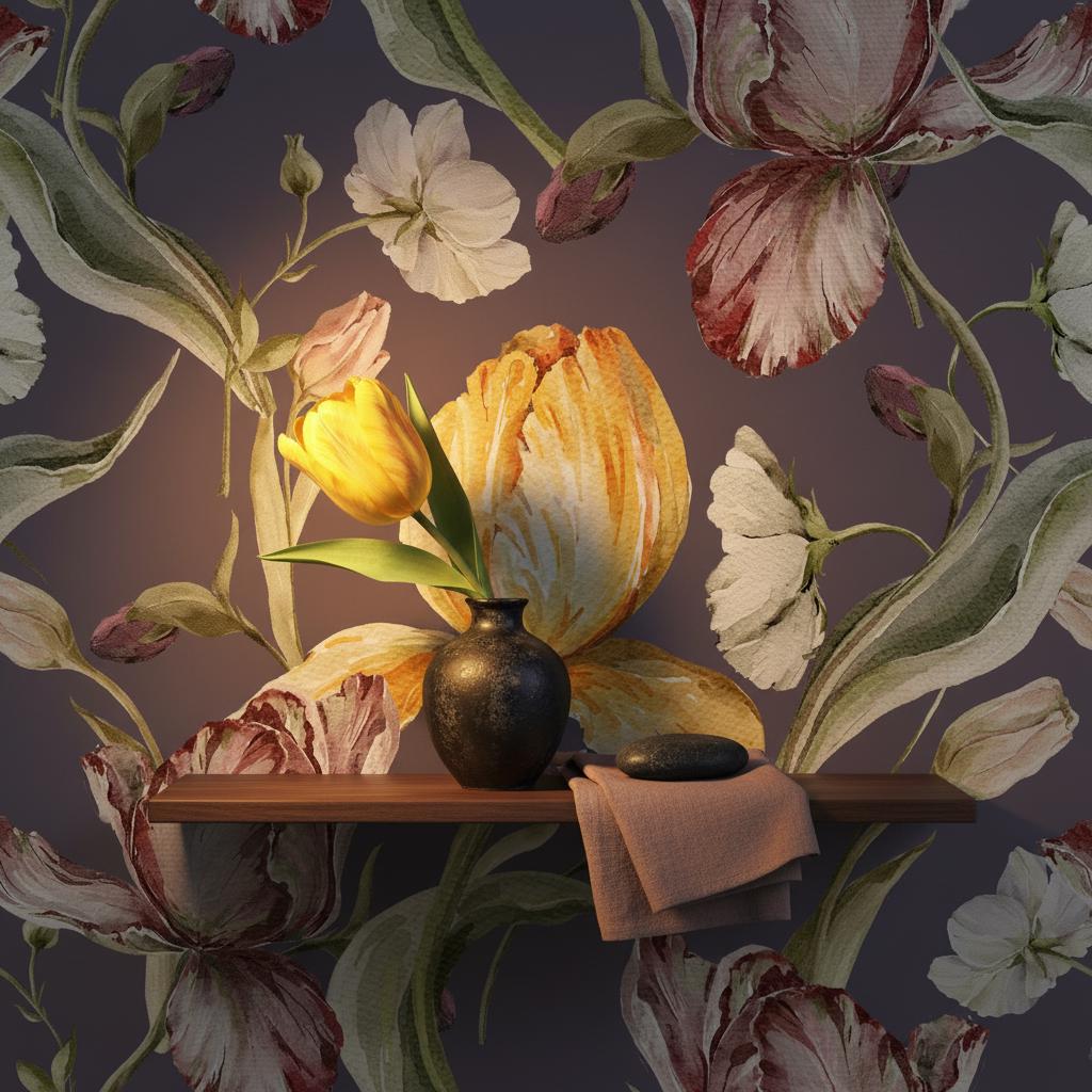 Tulip wallpaper purple | Dutch Masters parrot tulips floral | bedroom dining room | peel and stick removable wallpaper