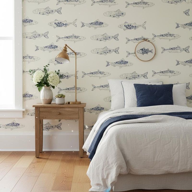 Fish wallpaper peel and stick removable | navy blue coastal  | nautical wall mural