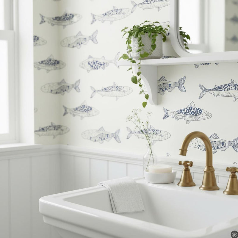 Fish wallpaper peel and stick removable | navy blue coastal  | nautical wall mural