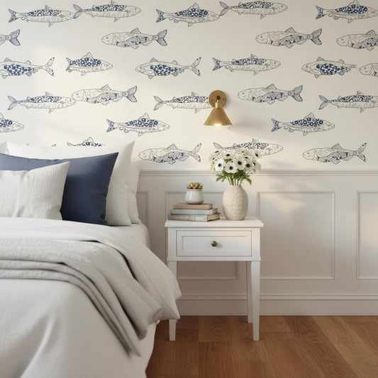 Fish wallpaper peel and stick removable | navy blue coastal  | nautical wall mural