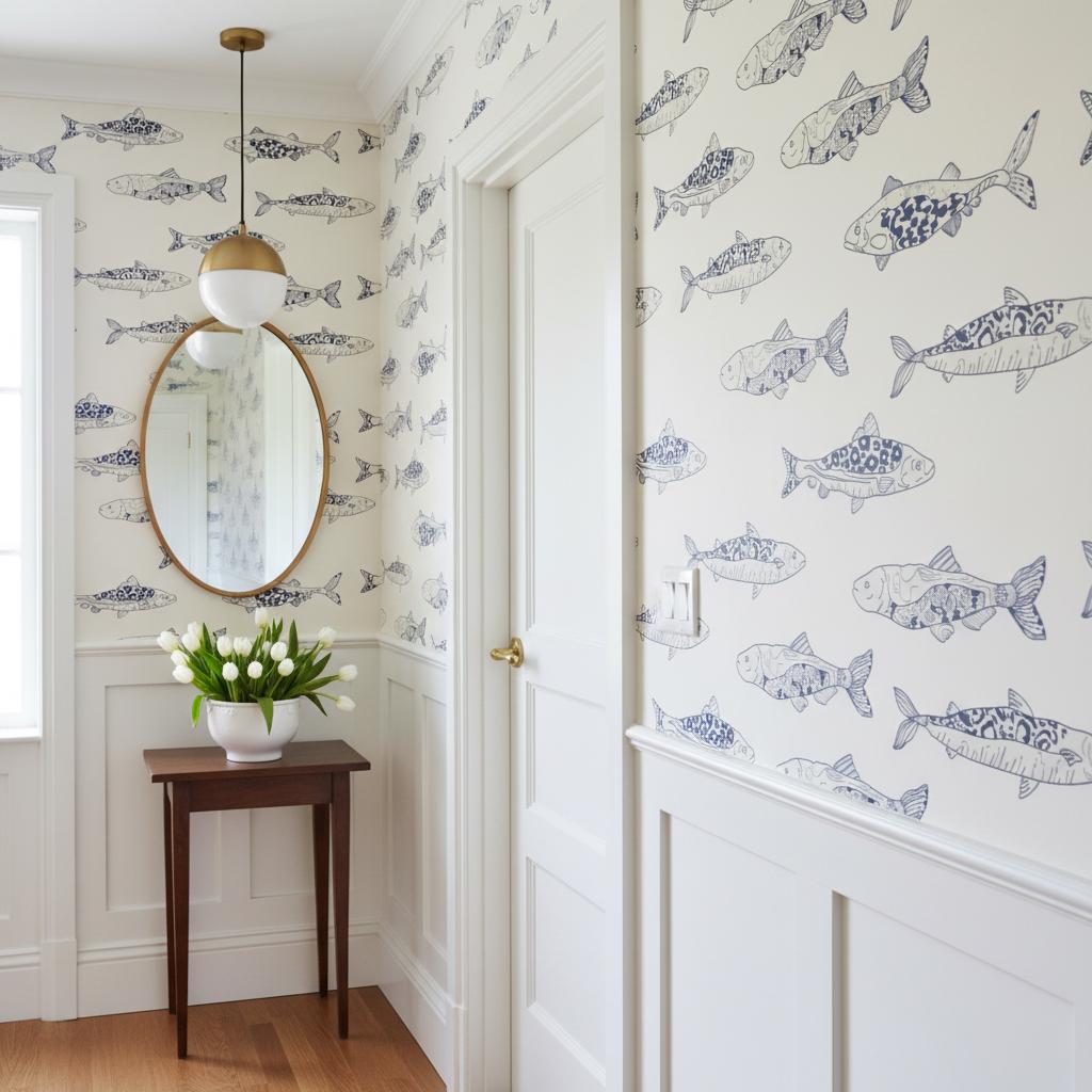 Fish wallpaper peel and stick removable | navy blue coastal  | nautical wall mural