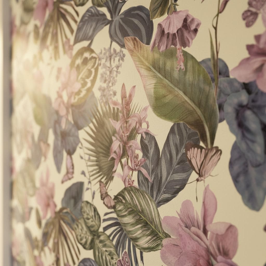 Tropical botanical wallpaper | lavender orchid butterfly navy leaves | bedroom living room | peel and stick removable wallpaper
