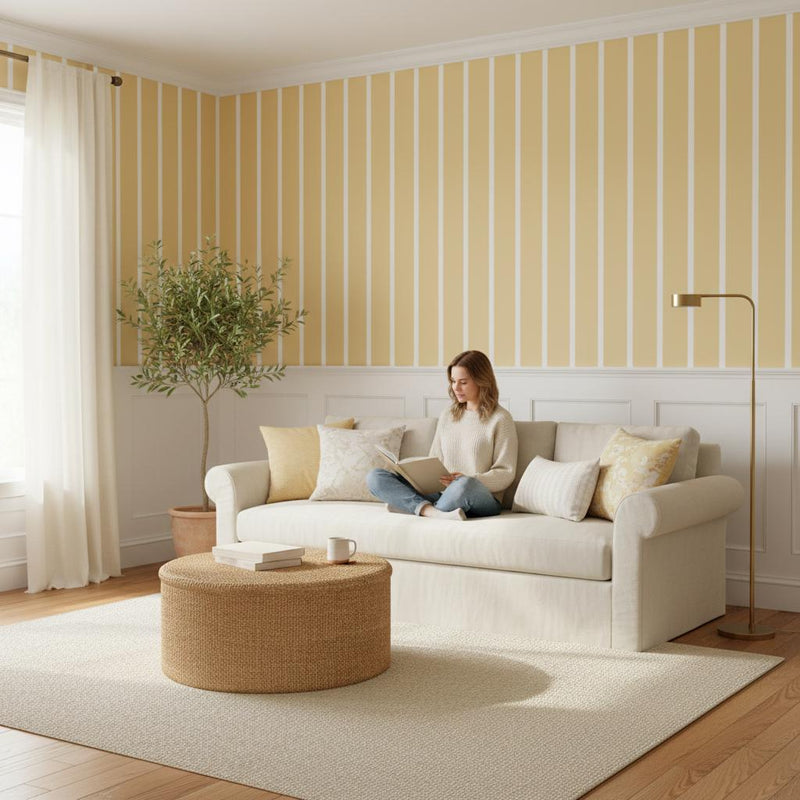 Yellow stripe peel and stick wallpaper | removable vertical stripes wall decor | nursery