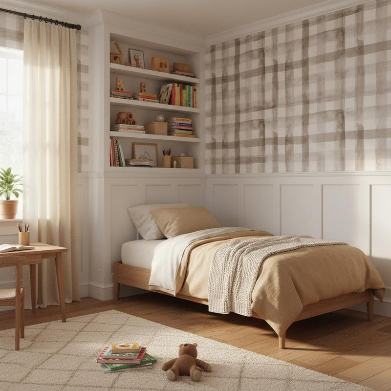 Neutral Plaid Wallpaper Watercolor gingham peel and stick wallpaper Nordic nursery