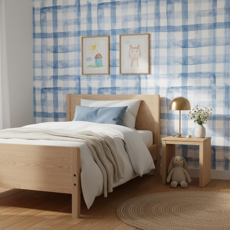 Blue Plaid Wallpaper Watercolor gingham peel and stick wallpaper Nordic nursery