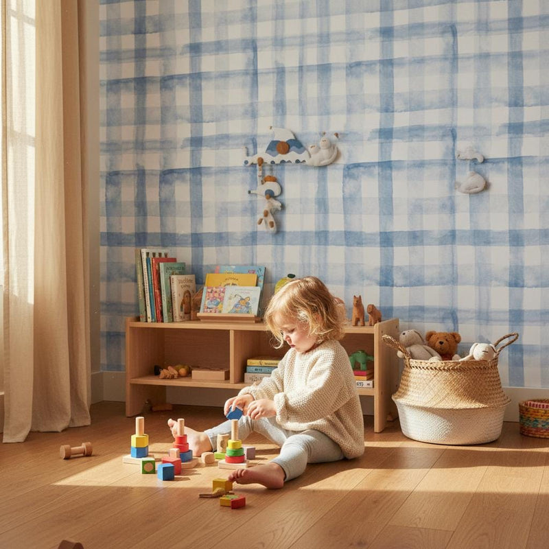 Blue Plaid Wallpaper Watercolor gingham peel and stick wallpaper Nordic nursery