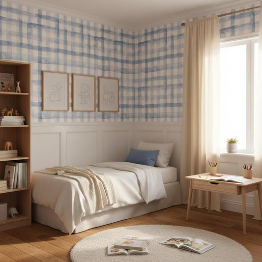 Blue Plaid Wallpaper Watercolor gingham peel and stick wallpaper Nordic nursery