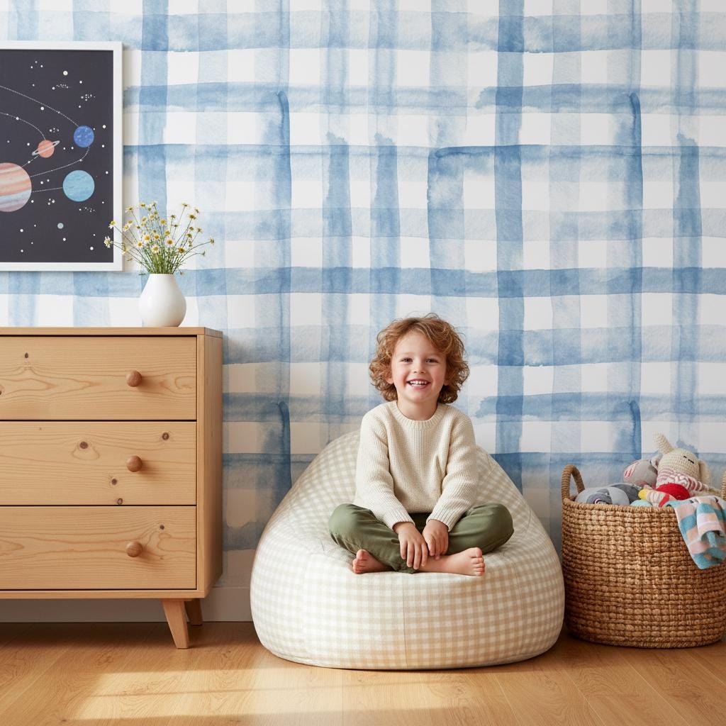 Blue Plaid Wallpaper Watercolor gingham peel and stick wallpaper Nordic nursery