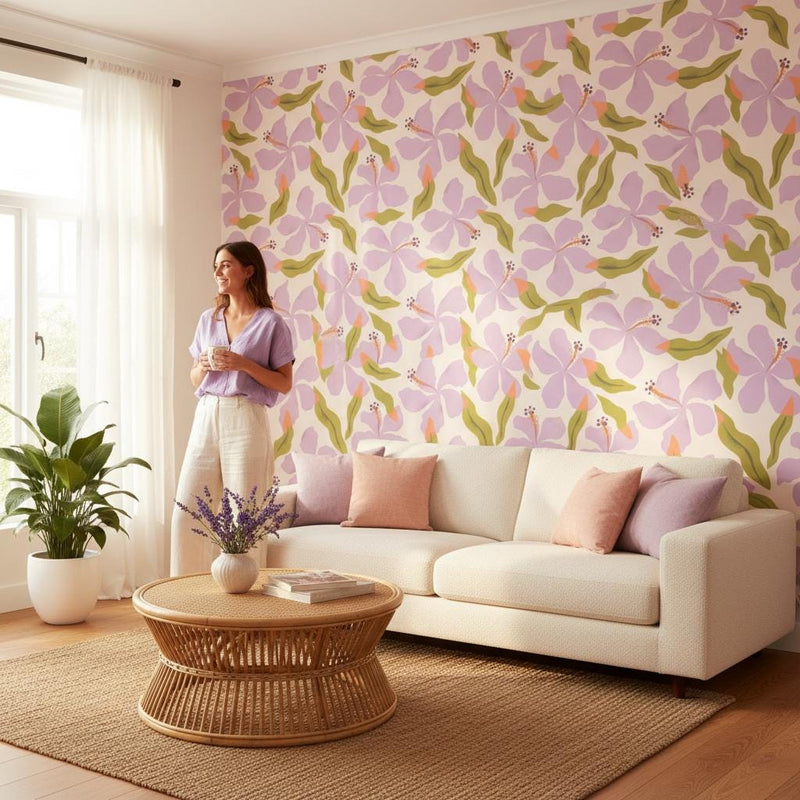 Lavender hibiscus wallpaper | large tropical floral lilac green | bedroom nursery living room | peel and stick removable wallpaper