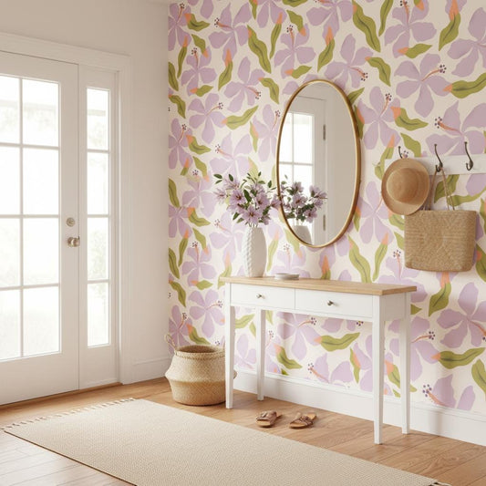 Lavender hibiscus wallpaper | large tropical floral lilac green | bedroom nursery living room | peel and stick removable wallpaper