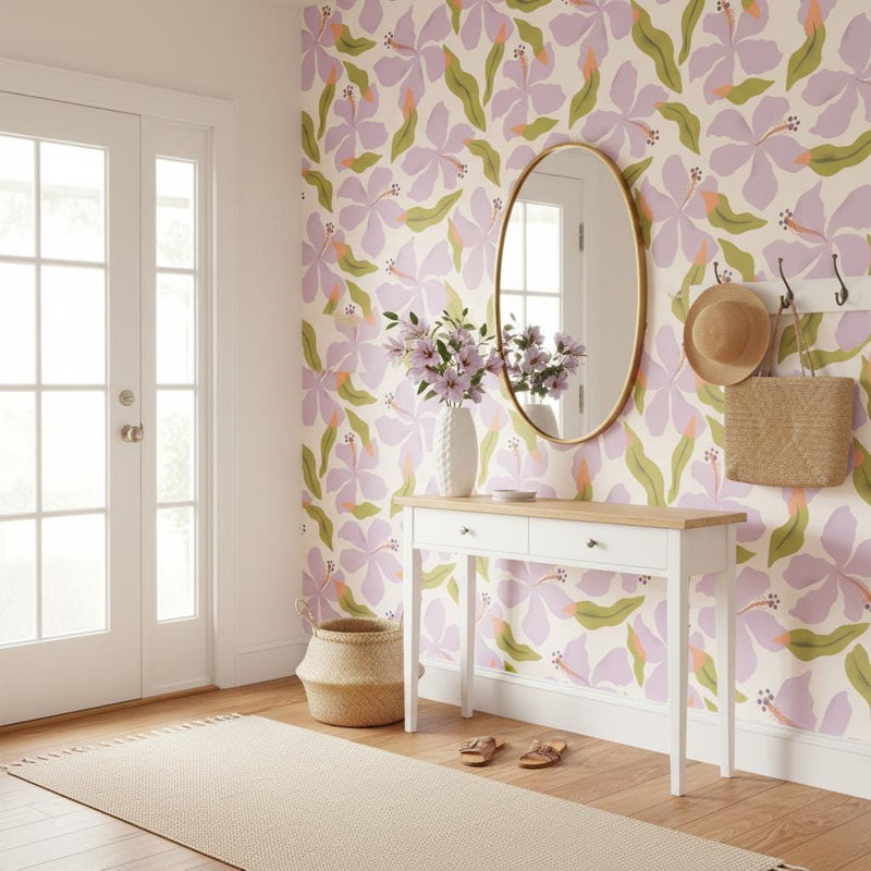 Lavender hibiscus wallpaper | large tropical floral lilac green | bedroom nursery living room | peel and stick removable wallpaper