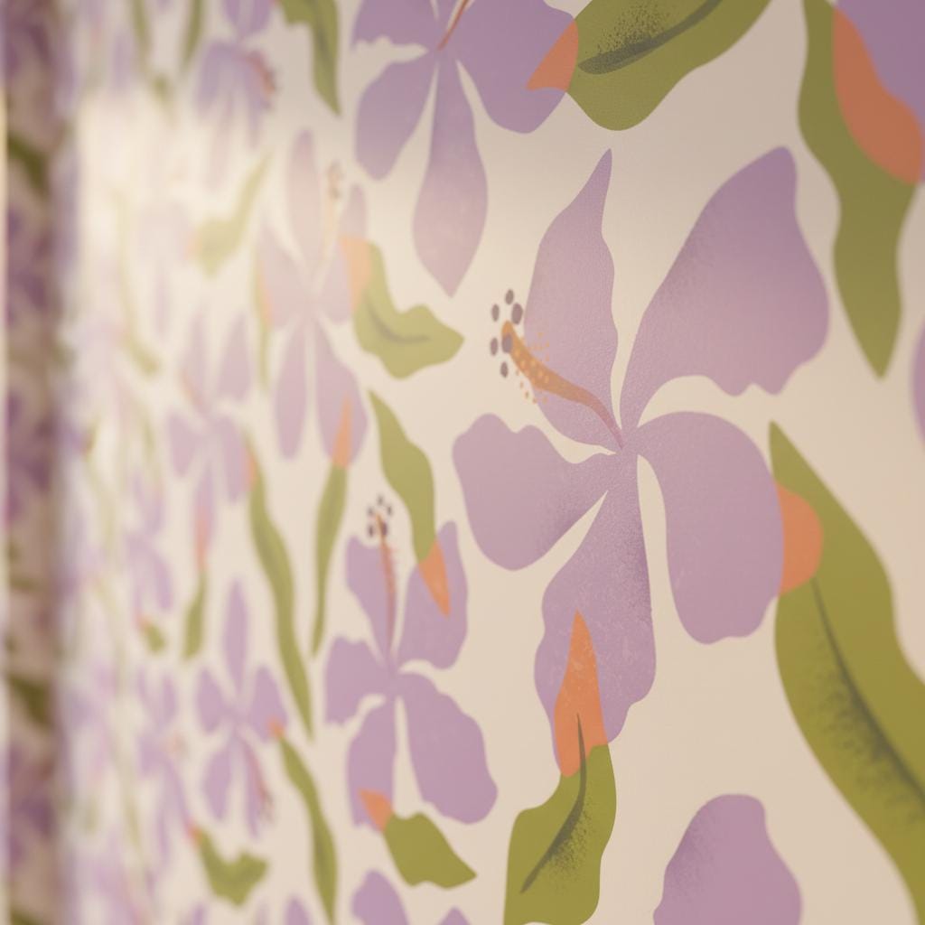 Lavender hibiscus wallpaper | large tropical floral lilac green | bedroom nursery living room | peel and stick removable wallpaper