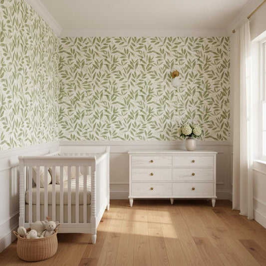 Sage Green Leaf Peel and Stick Wallpaper | Botanical Removable Wall Mural