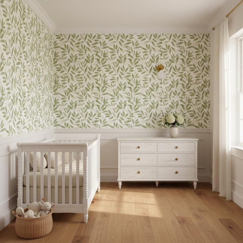 Sage Green Leaf Peel and Stick Wallpaper | Botanical Removable Wall Mural