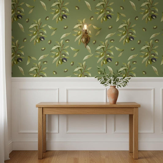 Olive Branch Peel and Stick Wallpaper | Sage Green Mediterranean Wall Mural | Tuscan Kitchen Wallpaper